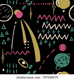The seamless colorful pattern with space, stars, galaxies, constellations. Hand drawn overlapping background for your design.Textile, blog decoration, banner, poster, wrapping paper.