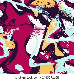 Seamless colorful pattern with splashes, dots, curved shapes.