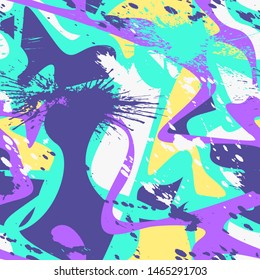 Seamless colorful pattern with splashes, dots, curved shapes.