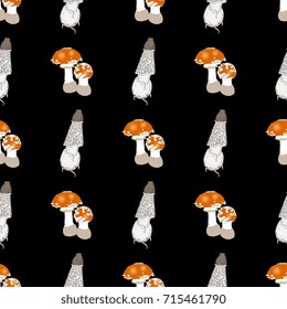 Seamless colorful pattern with staggered images of exotic mushrooms: amanita and dictyophora.