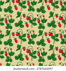Seamless colorful pattern with strawberry berries and leaves.
