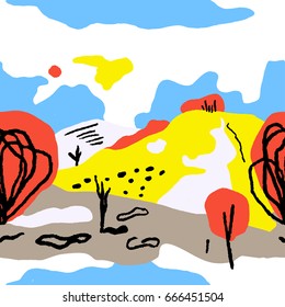 The seamless colorful pattern with stylish landscape. Hand drawn nature overlapping background for your design.Textile, blog decoration, banner, poster, wrapping paper.
