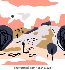 The seamless colorful pattern with stylish landscape. Hand drawn nature overlapping background for your design.Textile, blog decoration, banner, poster, wrapping paper.