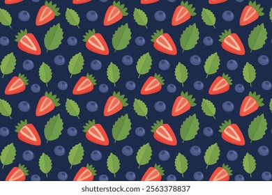 Seamless colorful pattern with summer berries and mint leaves. Hand drawn cute background with blueberries, strawberries and mint