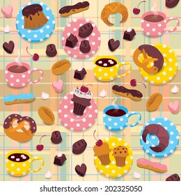 Seamless colorful pattern summer tea party - tea sweets biscuits chocolate candy on gentle tartan