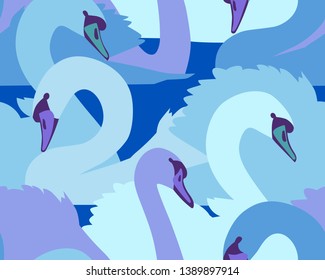 A seamless colorful pattern with swans. Plain wildlife background with beautiful birds. Textile and fabric design. 