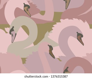 A seamless colorful pattern with swans. Plane wildlife background with beautiful birds. Textile and fabric design. 
