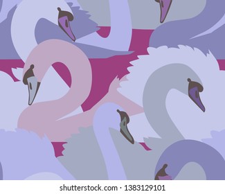 A seamless colorful pattern with swans. Plane wildlife background with beautiful birds. Textile and fabric design. 