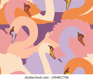 A seamless colorful pattern with swans. Plane wildlife background with beautiful birds. Textile and fabric design. 