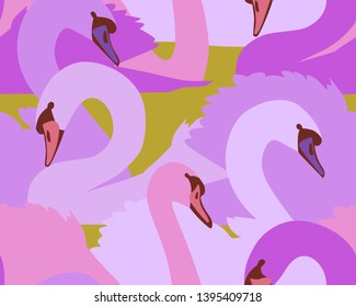 A seamless colorful pattern with swans. Plane wildlife background with beautiful birds. Textile and fabric design. 