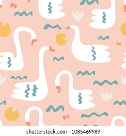 The seamless colorful pattern  with swans in a pond with water lilies. Hand drawn wildlife flat background for your design.Textile, blog decoration, banner, poster, wrapping paper.
