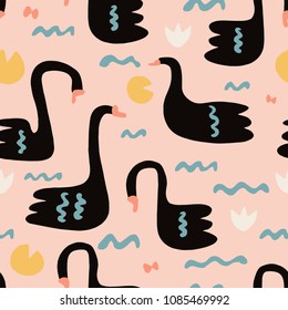 The seamless colorful pattern  with swans in a pond with water lilies. Hand drawn wildlife flat background for your design.Textile, blog decoration, banner, poster, wrapping paper.
