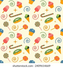 Seamless colorful pattern of sweets. Great for birthday parties, textile, banners, wallpaper, packaging - vector design