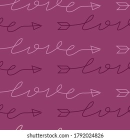 Seamless colorful pattern with text word love arrow. Hand drawn vector decorative element for wrapping paper, invitation, decoration, textile, banner, website