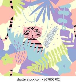 The seamless colorful pattern with tiger in jungle. Textile, blog decoration, banner, poster, wrapping paper.