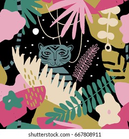 Das nahtlose bunte Muster mit Tiger im Dschungel. Textil, Blog-Dekoration, Banner, Poster, Packpapier.