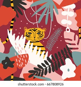 The seamless colorful pattern with tiger in jungle. Textile, blog decoration, banner, poster, wrapping paper.