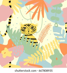 The seamless colorful pattern with tiger in jungle. Textile, blog decoration, banner, poster, wrapping paper.