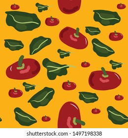 Seamless colorful pattern with tomatoes and salad leaves. Flat cartoon style. Vector illustration