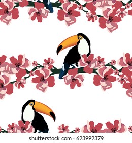 Seamless colorful pattern with toucan and flower.Vector summer background.Textile texture