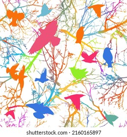 Patrón colorido y transparente de ramas de árboles y aves voladoras. Ilustración del vector