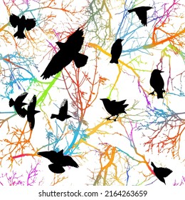 Seamless colorful pattern of tree branches and flying birds. Vector illustration