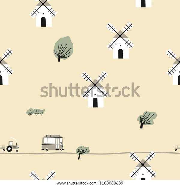 Seamless colorful pattern\
with trees, mills and cars. Europe nature landscape concept.\
Perfect for kids fabric, textile, nursery wallpaper. Seamless\
landscape.