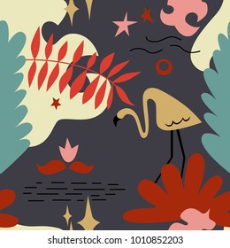 The seamless colorful pattern with tropical leaves, stars and flamingo. Exotic overlapping nature background for your design.Textile, blog decoration, banner, poster, wrapping paper.