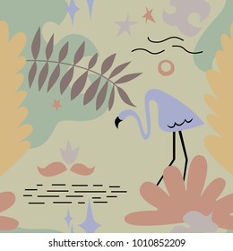 The seamless colorful pattern with tropical leaves, stars and flamingo. Exotic overlapping nature background for your design.Textile, blog decoration, banner, poster, wrapping paper.