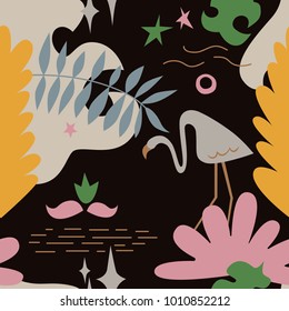 The seamless colorful pattern with tropical leaves, stars and flamingo. Exotic overlapping nature background for your design.Textile, blog decoration, banner, poster, wrapping paper.