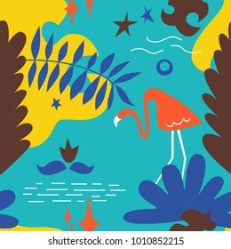 The seamless colorful pattern with tropical leaves, stars and flamingo. Exotic overlapping nature background for your design.Textile, blog decoration, banner, poster, wrapping paper.