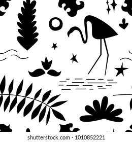 The seamless colorful pattern with tropical leaves, stars and flamingo. Exotic overlapping nature background for your design.Textile, blog decoration, banner, poster, wrapping paper.