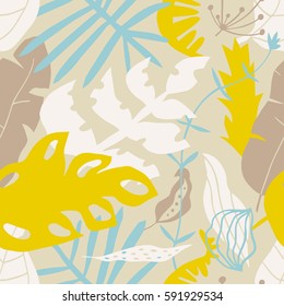 The seamless colorful pattern with tropical leaves and plants. Hand drawn overlapping  nature background for your design.Textile, blog decoration, banner, poster, wrapping paper.
