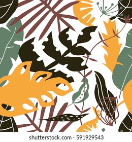 The seamless colorful pattern with tropical leaves and plants. Hand drawn overlapping  nature background for your design.Textile, blog decoration, banner, poster, wrapping paper.