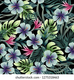 Seamless colorful pattern with tropical plants and flowers on a black background