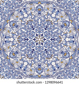 Seamless colorful pattern with Turkish motif. Hand drawn seamless abstract pattern from floral mandala. Majolica pottery tile, blue, yellow azulejo. Original traditional Portuguese and Spain decor