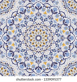 Seamless colorful pattern with Turkish motif. Hand drawn seamless abstract pattern from floral mandala. Majolica pottery tile, blue, yellow azulejo. Original traditional Portuguese and Spain decor