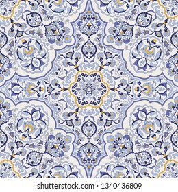 Seamless colorful pattern with Turkish motif. Hand drawn seamless abstract pattern from floral mandala. Majolica pottery tile, blue, yellow azulejo. Original traditional Portuguese and Spain decor