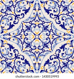 Seamless colorful pattern with Turkish motif. Hand drawn seamless abstract pattern from floral mandala. Majolica pottery tile, blue, yellow azulejo. Original traditional Portuguese and Spain decor
