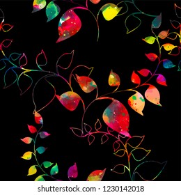 Seamless colorful pattern of twigs with leaves