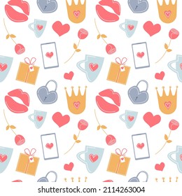 Seamless colorful pattern for valentine's day. Heart, kiss, rose, gift, cup, lock, crown. EPS 10.