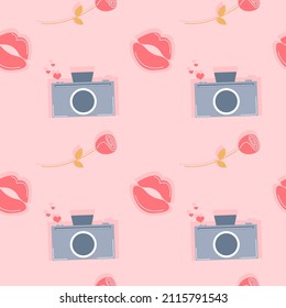 Seamless colorful pattern for valentine's day. Camera, rose, flower, kiss, lips. 