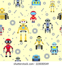 Seamless colorful pattern with various kinds of detailed robots