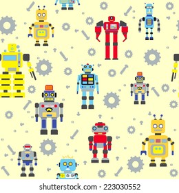 Seamless colorful pattern with various kinds of detailed robots