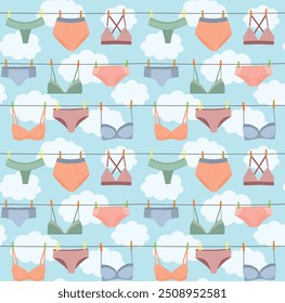 Seamless colorful pattern with various women's underwear that are dried on clothespins and clouds. Cute cartoon vector background	