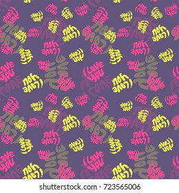 Seamless colorful pattern. Vector background with hand drawn I love you words. Patterned paper for scrapbook albums. Valentines day backdrop. Memphis style