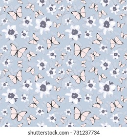 Seamless colorful pattern. Vector background with butterflies and flowers. Patterned paper for scrapbook albums. Valentines day backdrop.