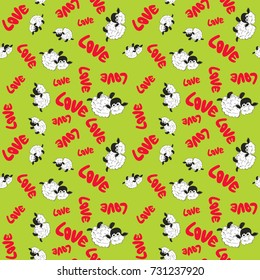 Seamless colorful pattern. Vector background with white sheep and Love words. Patterned paper for scrapbook albums. Valentines day backdrop.