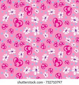 Seamless colorful pattern. Vector background with flowers and hearts. Patterned paper for scrapbook albums. Valentines day backdrop. Memphis style