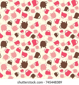 Seamless colorful pattern. Vector background with flat style kettles and teapot. Patterned wallpaper for scrapbooking
